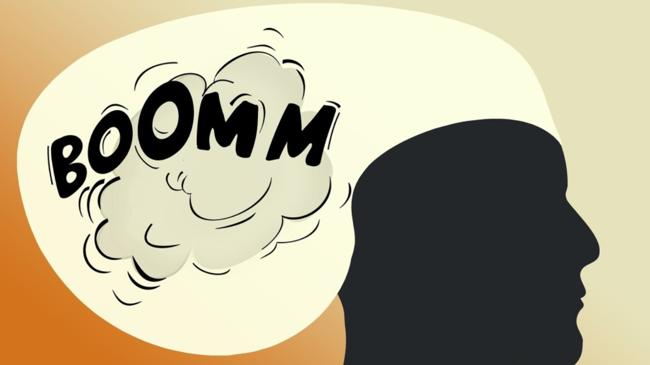 cabeza haciendo "Boom" después de muchas ideas